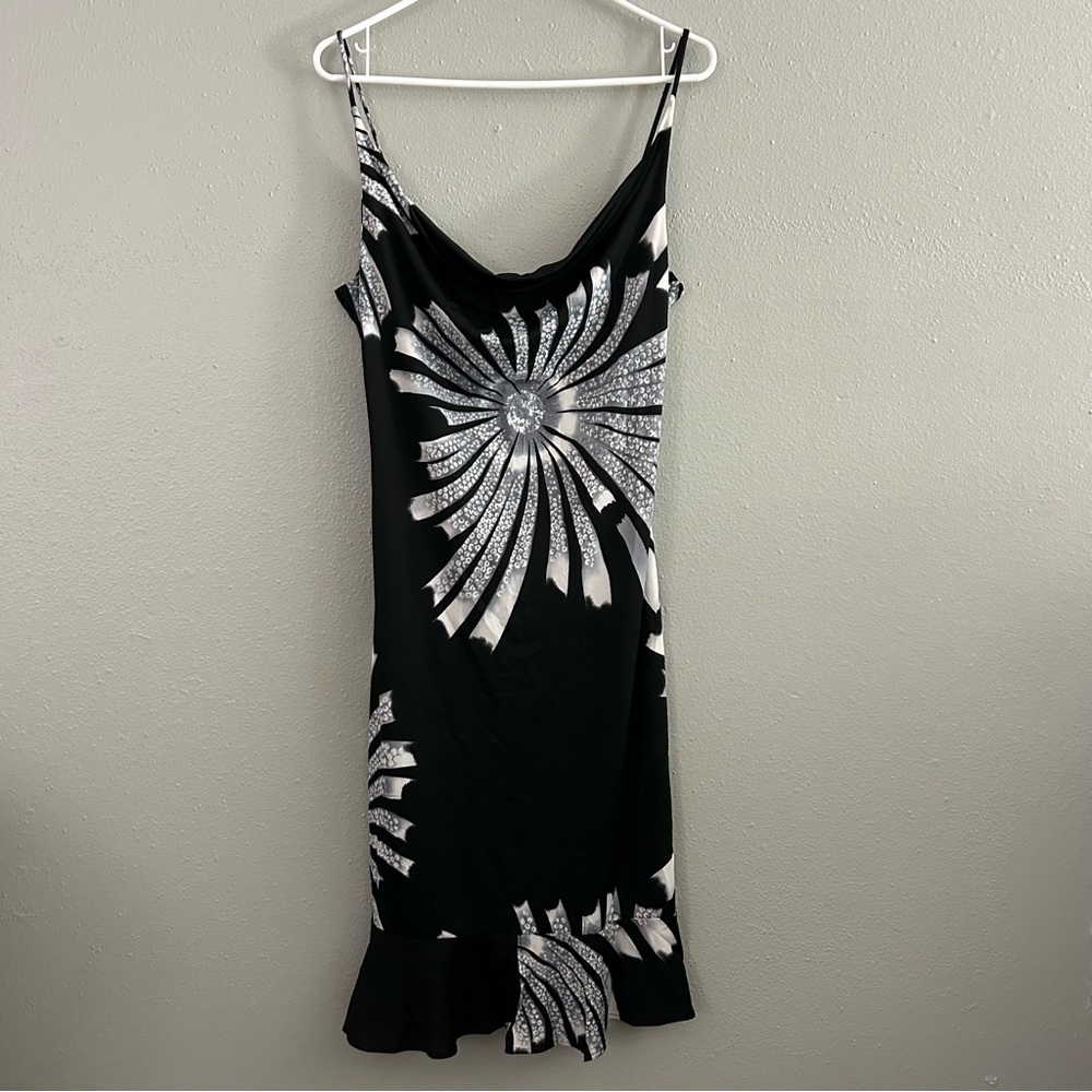 Vintage Y2K 90s Timing Black Cowl Neck Spaghetti Strap Flounce Midi Dress Size M